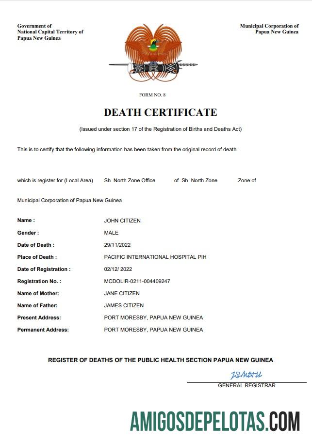 para download Papua Nova Guiné Registro Vital Certidão de Óbito Word e Modelo PDF